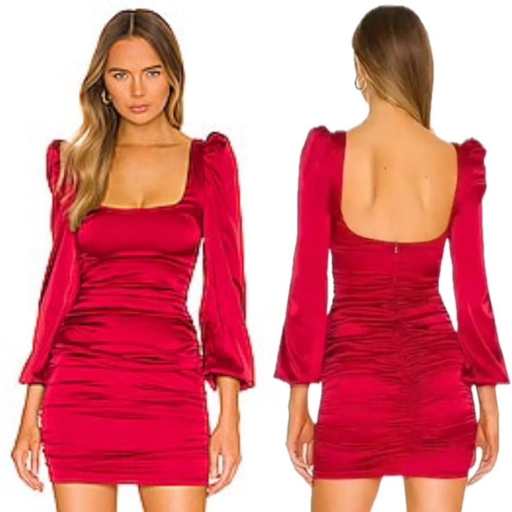 Oh Polly Red Ruched Puff Sleeve Square Neck Satin Effect Holiday Mini Dress